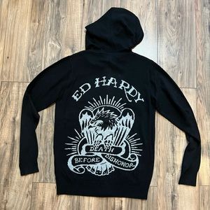ED HARDY Hooded Wool Blend Zip Knit Sweater Cardigan DEATH BEFORE DISHONOR M